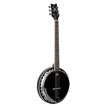 OBJ3506, banjo 6 cordes, 30 tirants, cercle aluminium, manche acajou, résonateur acajou, housse, noir satiné