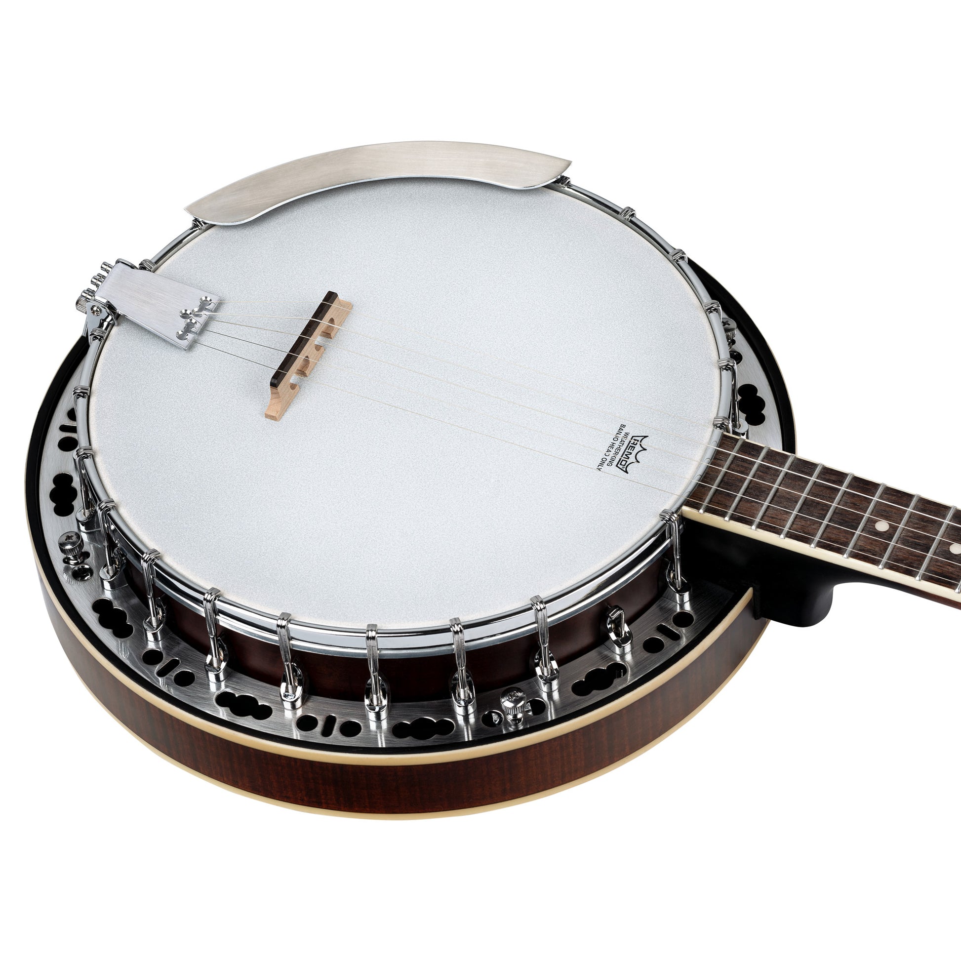 OBJ300, banjo 5 cordes, 24 tirants, fond érable, éclisses acajou, manche acajou, touche palissandre, whiskey burst satiné