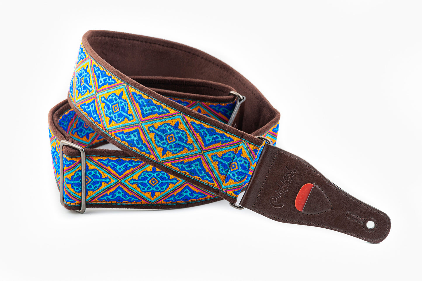 Courroie modèle HAFA, tissu Jacquard, largeur 6 cm, longueur 90 à 150 cm, porte-médiators intégré, bleu