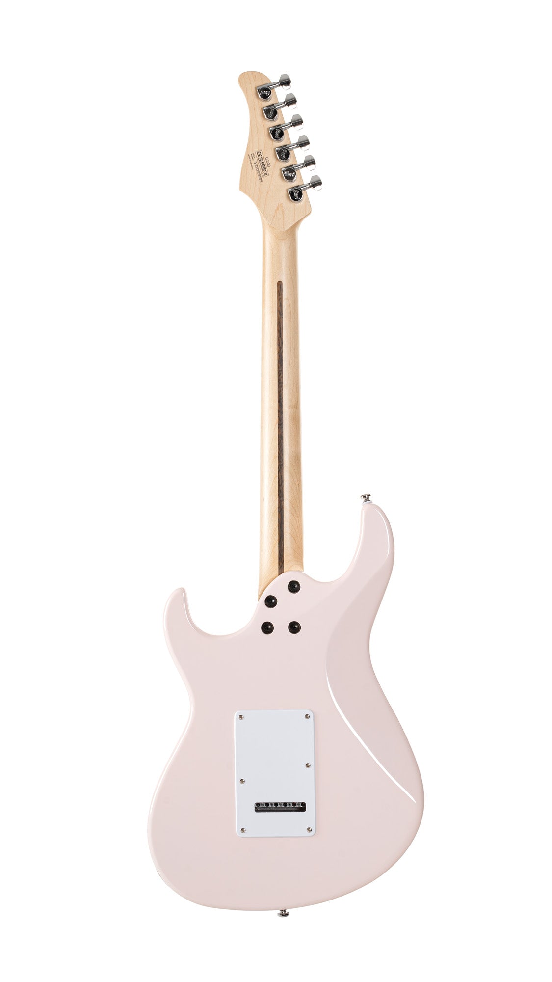 G200, corps peuplier, manche érable, touche jatoba , 2 micros simples et 1 double Powersound, plaque blanche, rose pastel