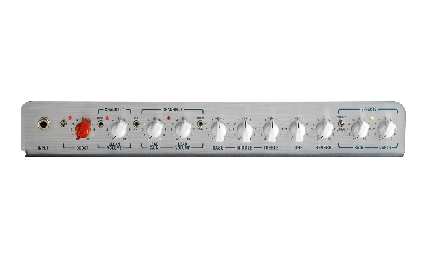 Tête guitare électrique 120W, 2 canaux, EQ 3 bandes, réverb, tremolo, chorus, boucle d'effet, 7 kg, bleu