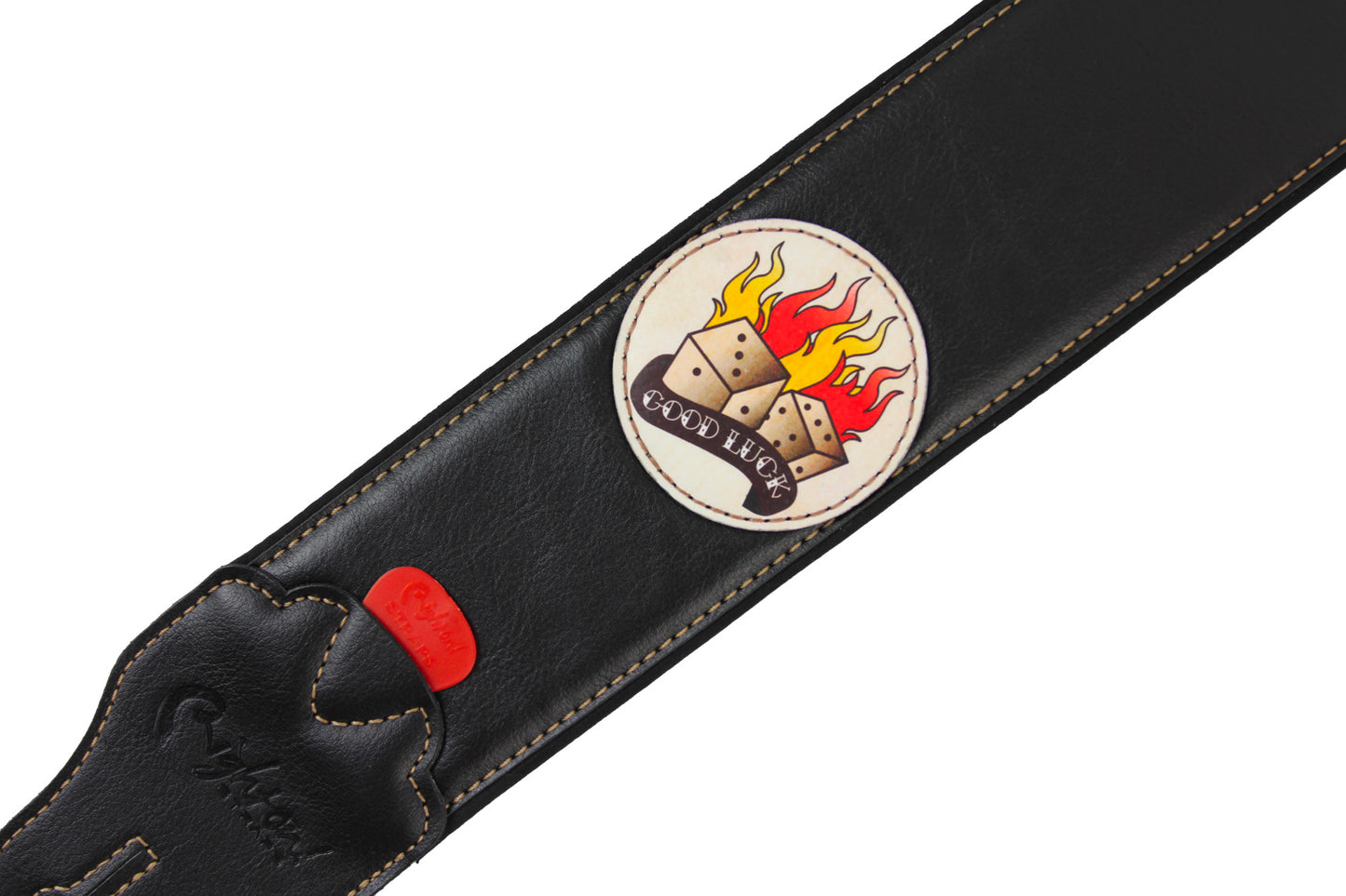 Courroie modèle TATOO DICE, extérieur synthétique, largeur 7 cm, longueur 98 à 153 cm, porte-médiators intégré, noir