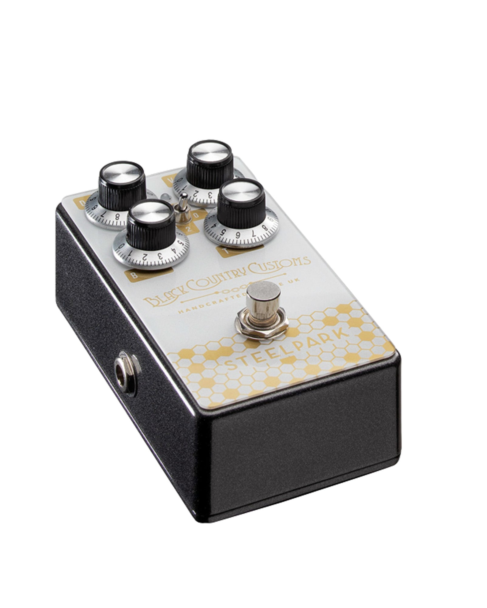 Pédale boost STEELPARK, 3 modes, jusqu'à 30dB de gain, switch silencieux, boitier métal, blanc et or