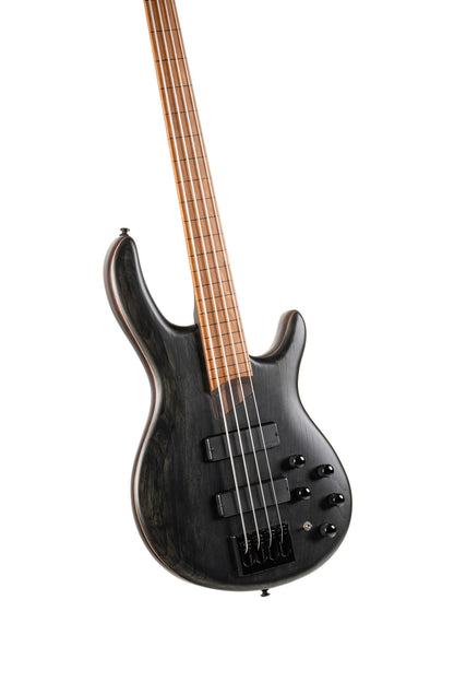 B4 Element FL, fretless, corps acajou, table frêne, touche érable torréfié, micros & préampli Bartolini MK-1, noir pores ouverts