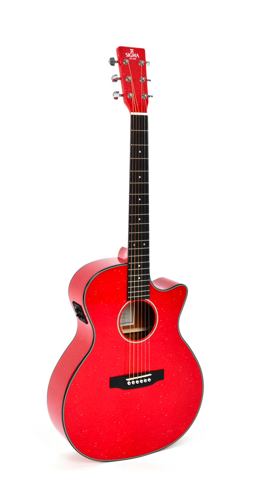 Modèle GMC-1E, Grand OM pan coupé, table épicéa massif, f/e acajou, touche micarta, EQ Fishman, rouge pailleté