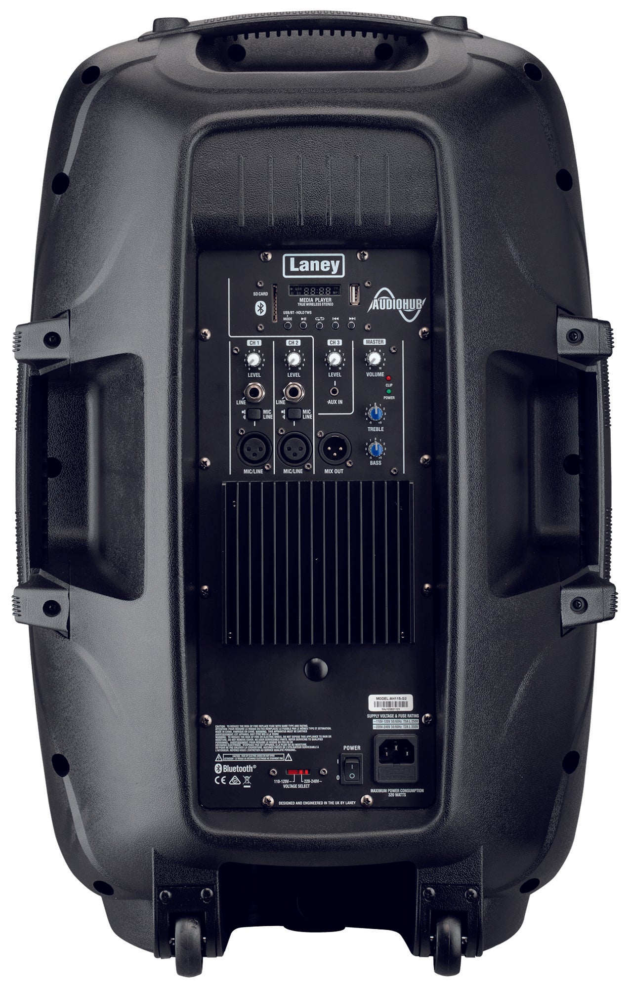 Enceinte polyvalente AH115-G2, 800W, HP 15" + compression 1", 3 canaux, lecteur média SD/USB/BLUETOOTH, 15 kg, noir