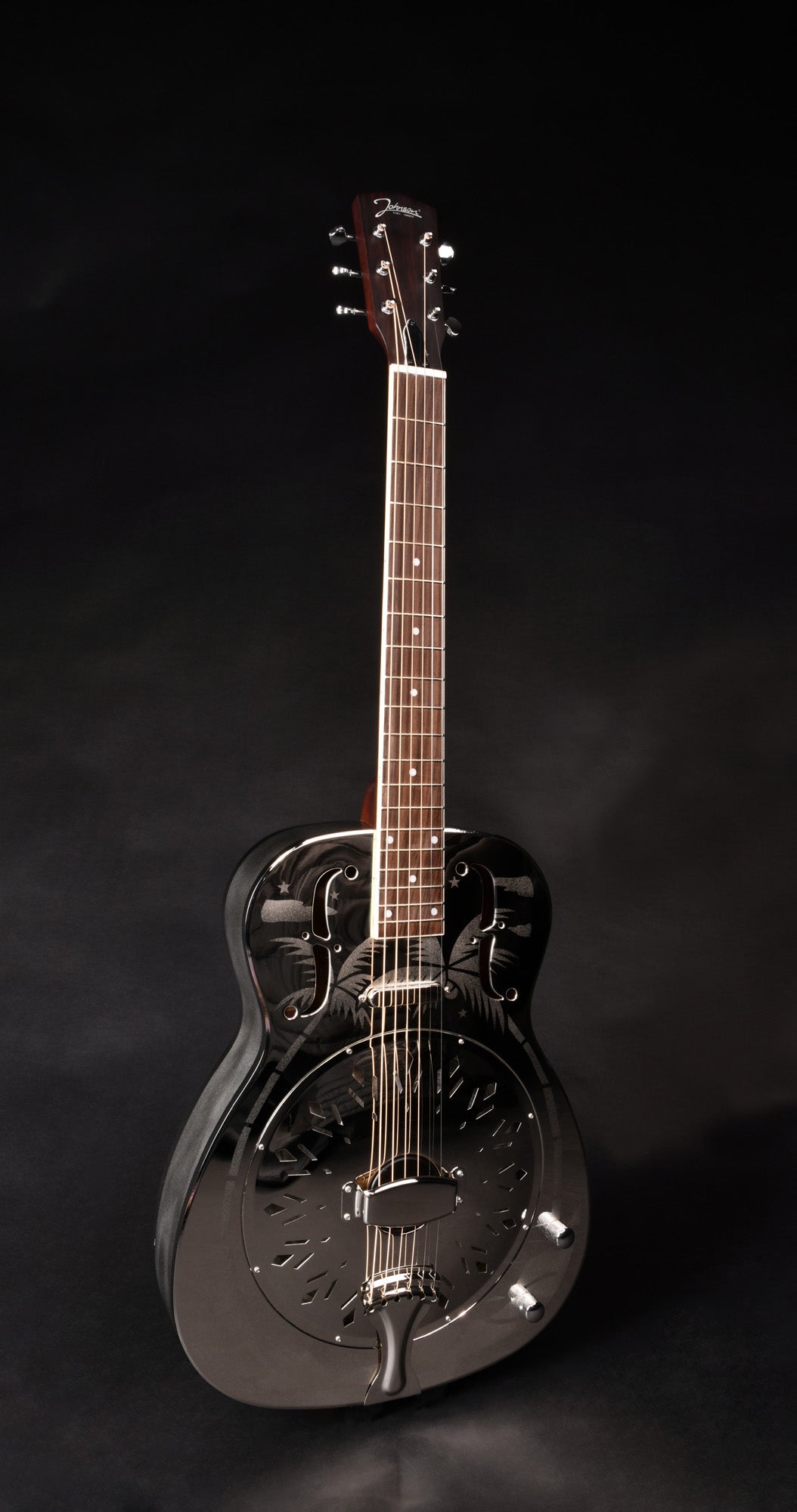 JR-998, corps en laiton, manche acajou, touche palissandre, micro simple, nickel brillant avec palmiers.