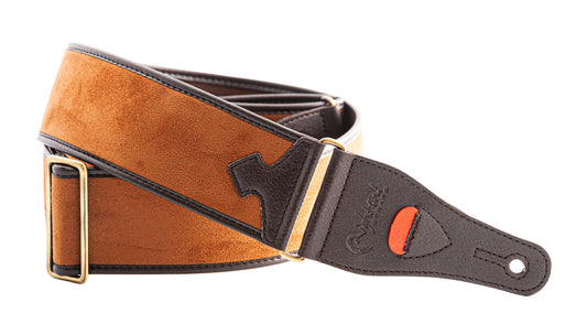 Courroie modèle DIVINE, velours, rembourrée, largeur 6 cm, longueur 95 à 150 cm, porte-médiators intégré, woody