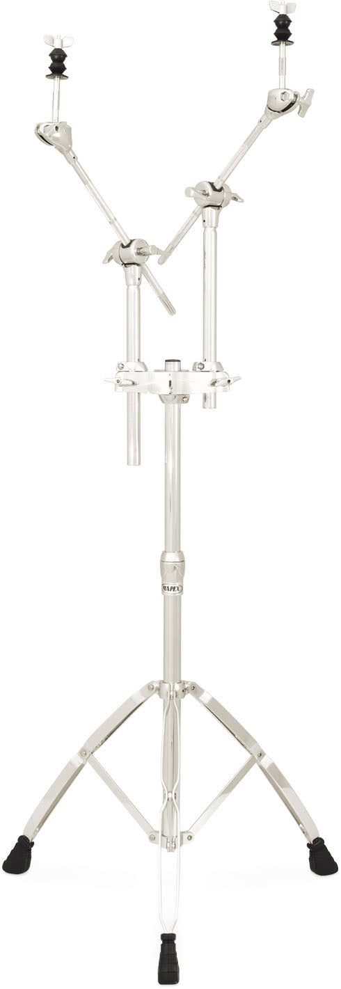 Support cymbale perche double, 2 perchettes rentrantes, réglages à rotule, double embase, chrome