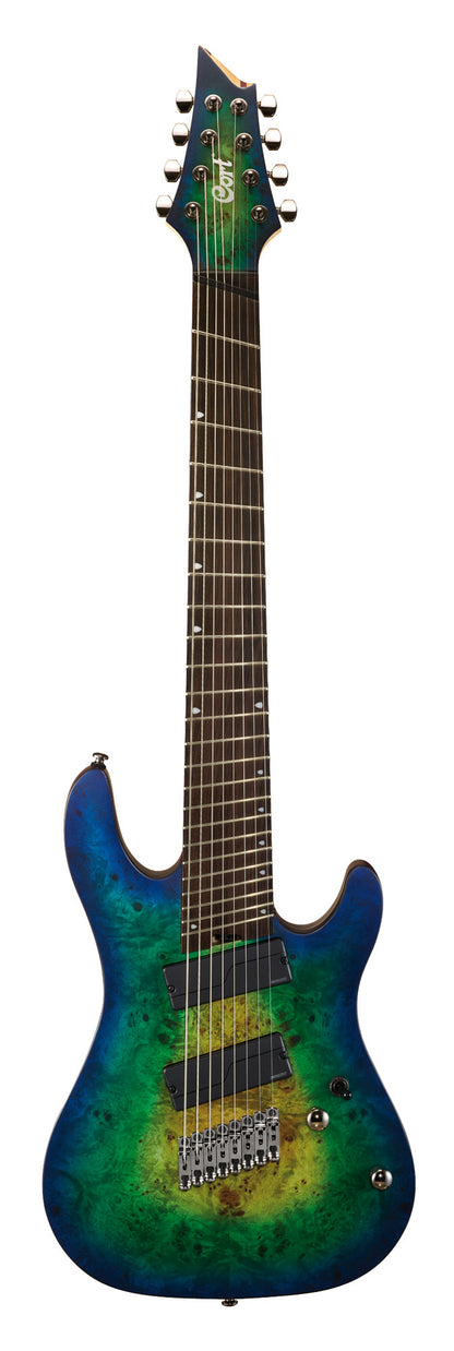 KX508MS, 8 cordes, corps frêne léger, table peuplier figuré, frettes en éventail, touche ébène, micros Fishman, m. blue burst