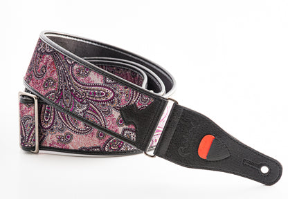 Courroie modèle PAISLEY, extérieur tissu, largeur 6 cm, longueur 95 à 150 cm, porte-médiators intégré, bordeaux