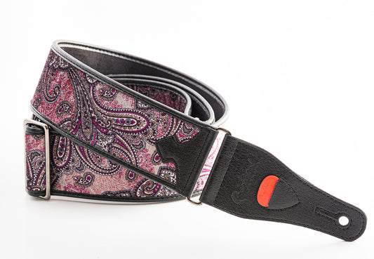 Courroie modèle PAISLEY, extérieur tissu, largeur 6 cm, longueur 95 à 150 cm, porte-médiators intégré, bordeaux