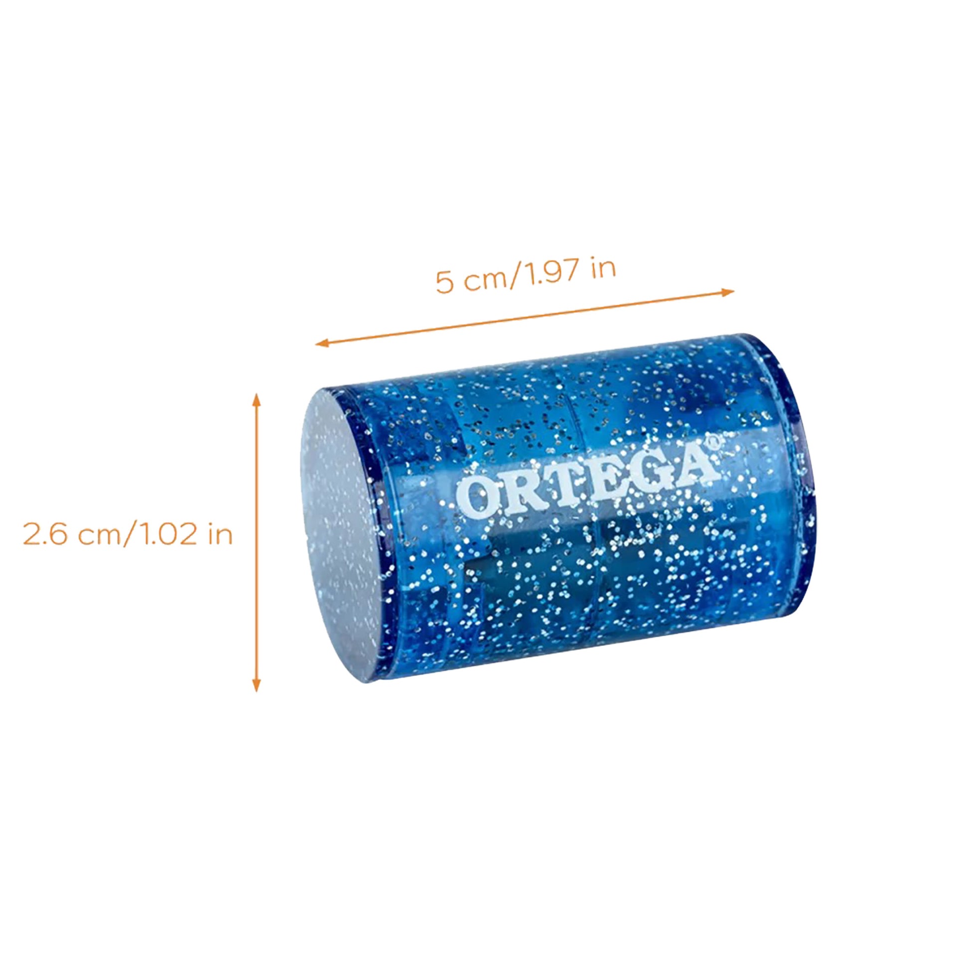 OFS-BLS, shaker pour doigt Ortega, plastique, hauteur 39 x diamètre 25 mm, bande élastique, finition bleu pailleté brillant