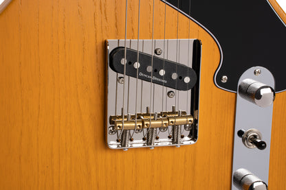 SUNSET TC, corps frêne, manche érable, touche jatoba, 2 micros CORT Voiced Tone, jaune moutarde pores ouverts