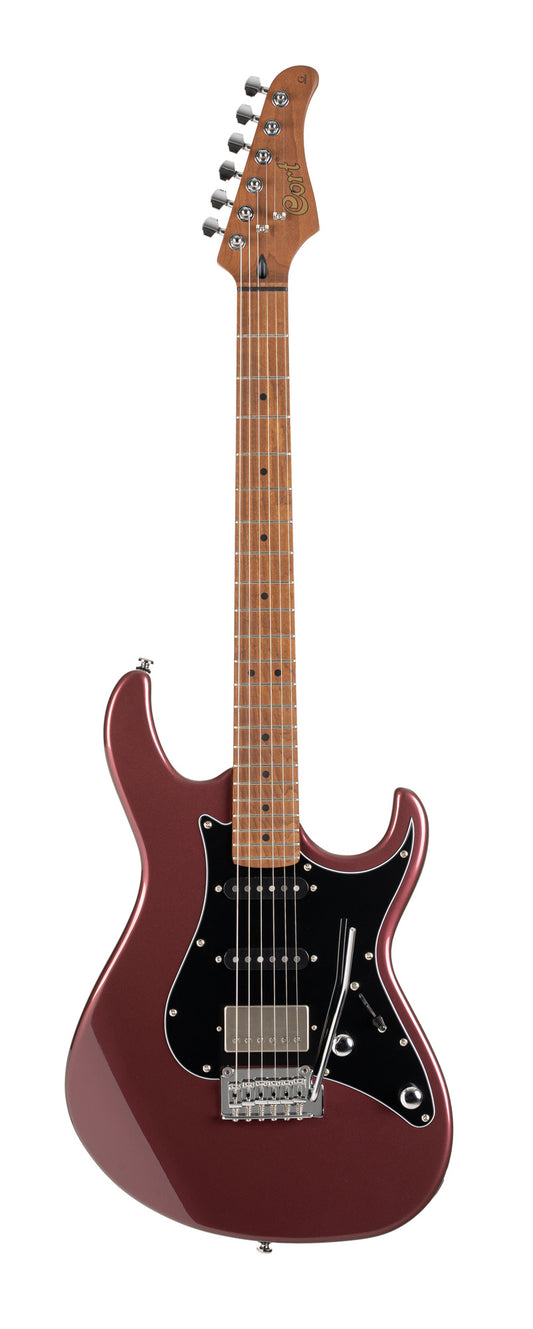 G250 SE, corps tilleul, manche et touche érable torréfié, 1 micro double et 2 simples Cort Voiced Tone, trémolo, bordeaux