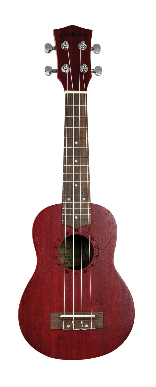 Ukulélé Soprano, table sapele, fond & éclisses sapele, rosace gravée, touche & chevalet noyer, avec housse, rouge