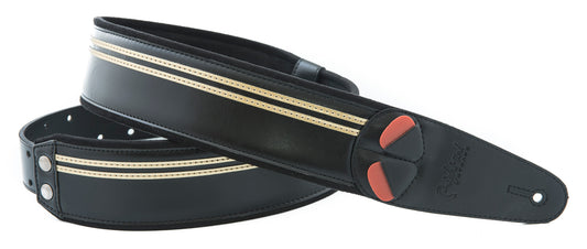 Courroie modèle RACE, extérieur synthétique, largeur 6 cm, longueur 100 à 145 cm, porte-médiators intégré, noir et or