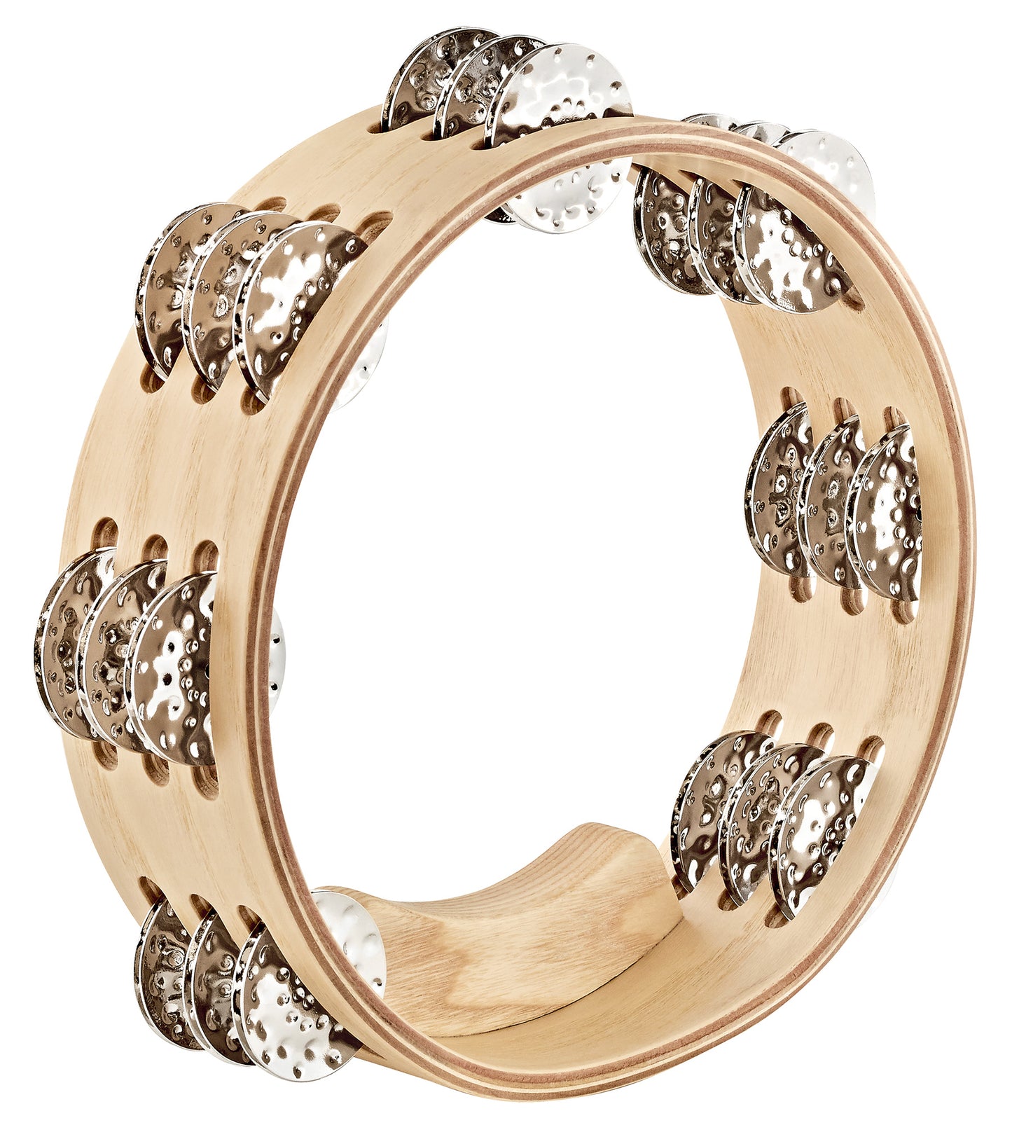 Tambourin meinl frêne 8", 3 rangées de cymbalettes nickelées, prise en main ergonomique