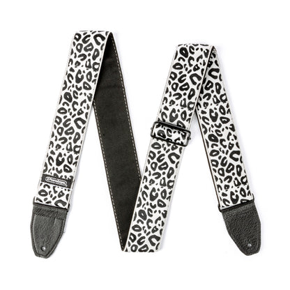 Courroie jacquard modèle ICE CAT, extrémités cuir, largeur 5 cm, noir et blanc