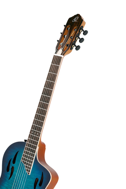 RTPDLX-FMA, modèle TourPlayer, EQ Magus X, corps okoumé, table érable flammé, sillet 48 mm, housse, bleu dégradé brillant