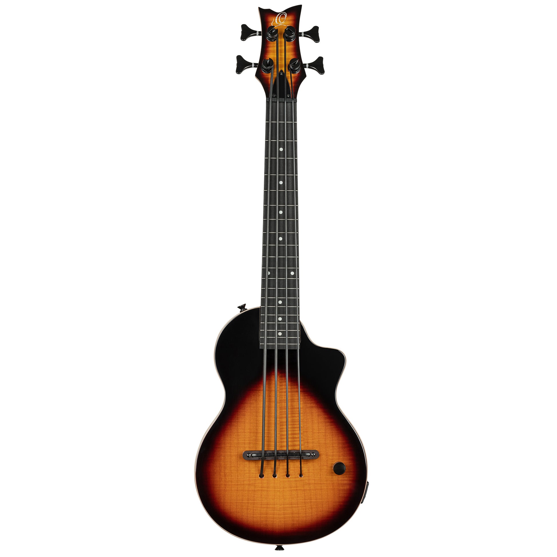 NEO-BS-TSB, modèle Ukebass, pan coupé, EQ MagusExpress, table érable flammé, corps okoumé, manche érable, housse, tobacco burst