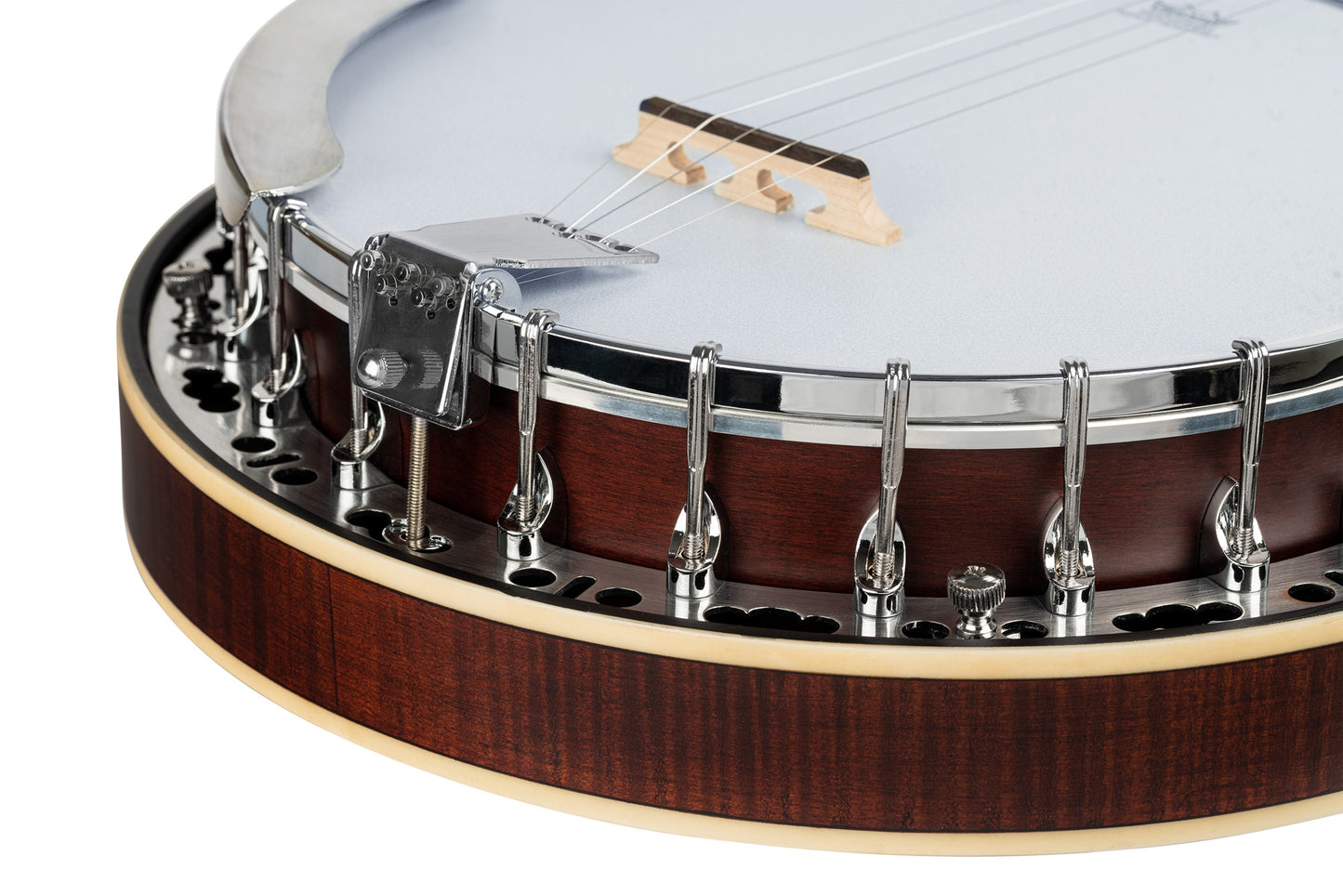 OBJ300, banjo 5 cordes, 24 tirants, fond érable, éclisses acajou, manche acajou, touche palissandre, whiskey burst satiné