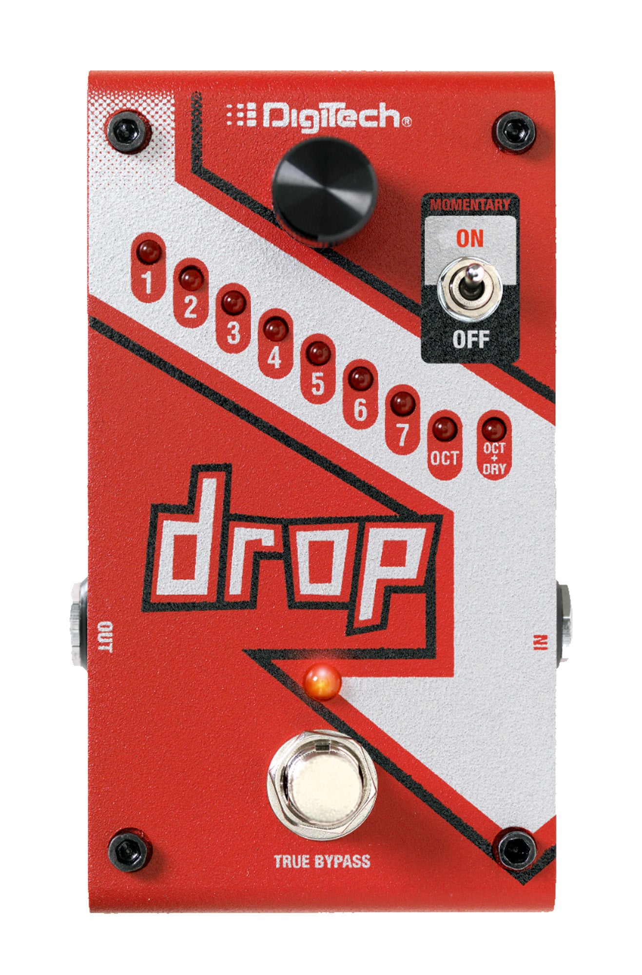 Pédale DROP, drop tune polyphonique pour guitare et basse, permet de baisser l'accord d'un demi-ton à une octave complète, rouge