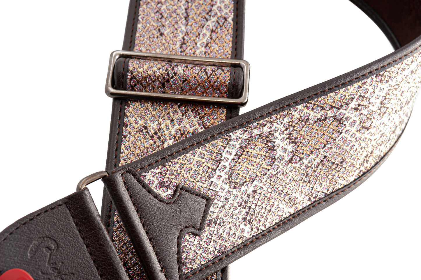 Courroie modèle GLITTER SNAKE, synthétique, rembourrée, largeur 6 cm, longueur 95 à 150 cm, porte-médiators intégré, rose