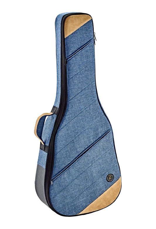 Etui léger pour guitare dreadnought, toile/coton, rembourrage 22 mm, intérieur peluche noir, repose-manche avec velcro, bleu