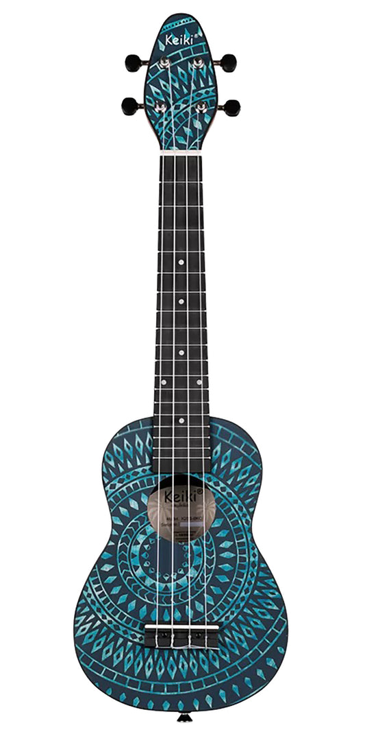 K2SS-BKC, pack ukulélé Soprano Superscale, table agathis design"kaléidoscope", corps ABS galbé, accessoires, bleu satiné
