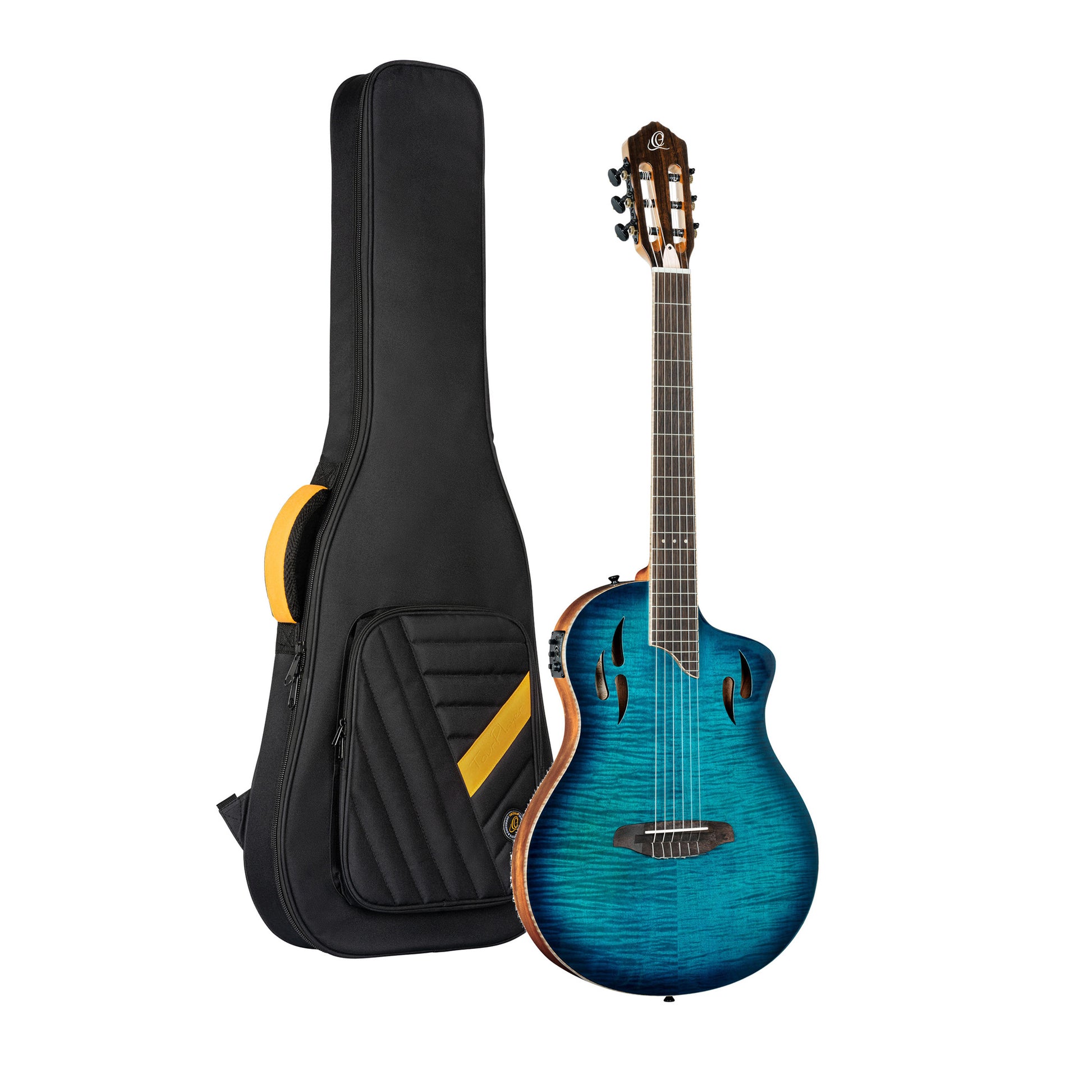 RTPDLX-FMA, modèle TourPlayer, EQ Magus X, corps okoumé, table érable flammé, sillet 48 mm, housse, bleu dégradé brillant