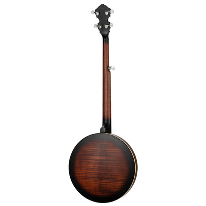OBJ300, banjo 5 cordes, 24 tirants, fond érable, éclisses acajou, manche acajou, touche palissandre, whiskey burst satiné