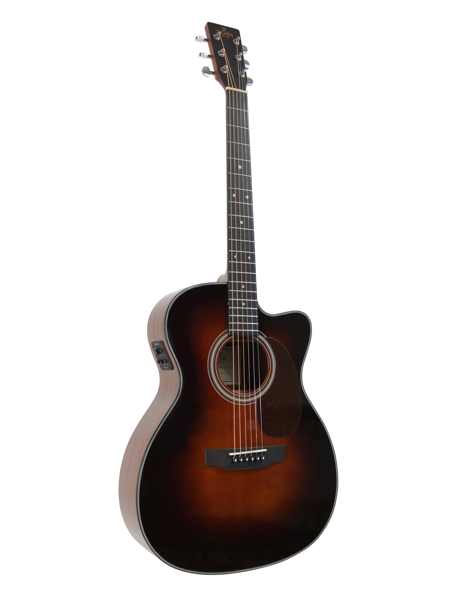 Modèle 000MC-1E-SB, Forme 000 pan coupé, table épicéa massif, f/e acajou, touche micarta, EQ Fishman, sunburst brillant