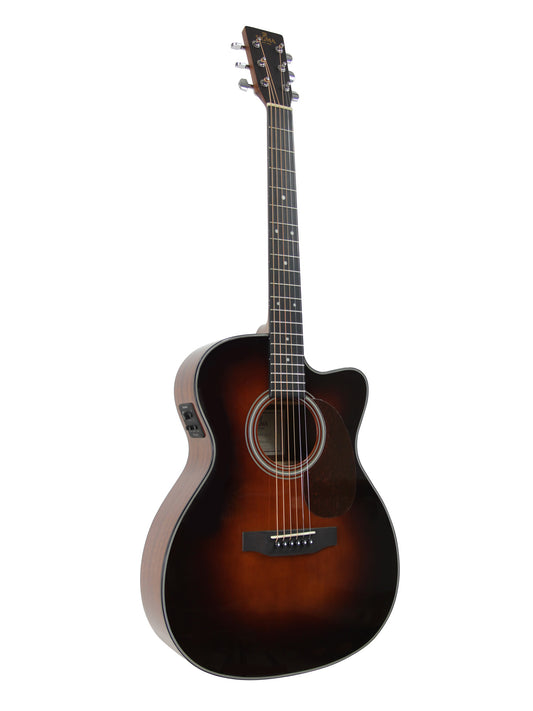 Modèle 000MC-1E-SB, Forme 000 pan coupé, table épicéa massif, f/e acajou, touche micarta, EQ Fishman, sunburst brillant