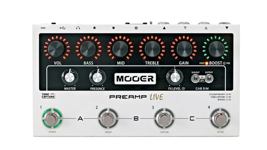 Pédalier préampli numérique PREAMP LIVE, 12 canaux préamplis indépendants (3 banques), 50 modèles d'amplificateur, blanc