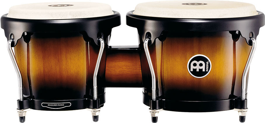Paire bongos 6" 3/4 & 8", fûts hévéa, peaux buffle, crochets 8 mm, cercles arrondis 2mm, accast. noir poudré, Vintage Sunburst