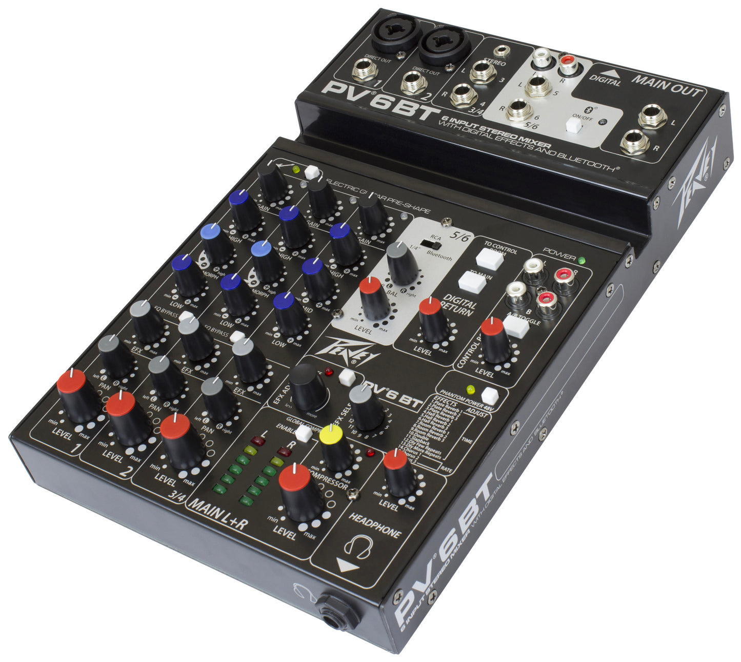 Table de mixage 6 canaux, 2 préamplis micro XLR/Jack, EQ 3 bandes, Bluetooth, effets numériques, entrée guitare Hi-Z, noir