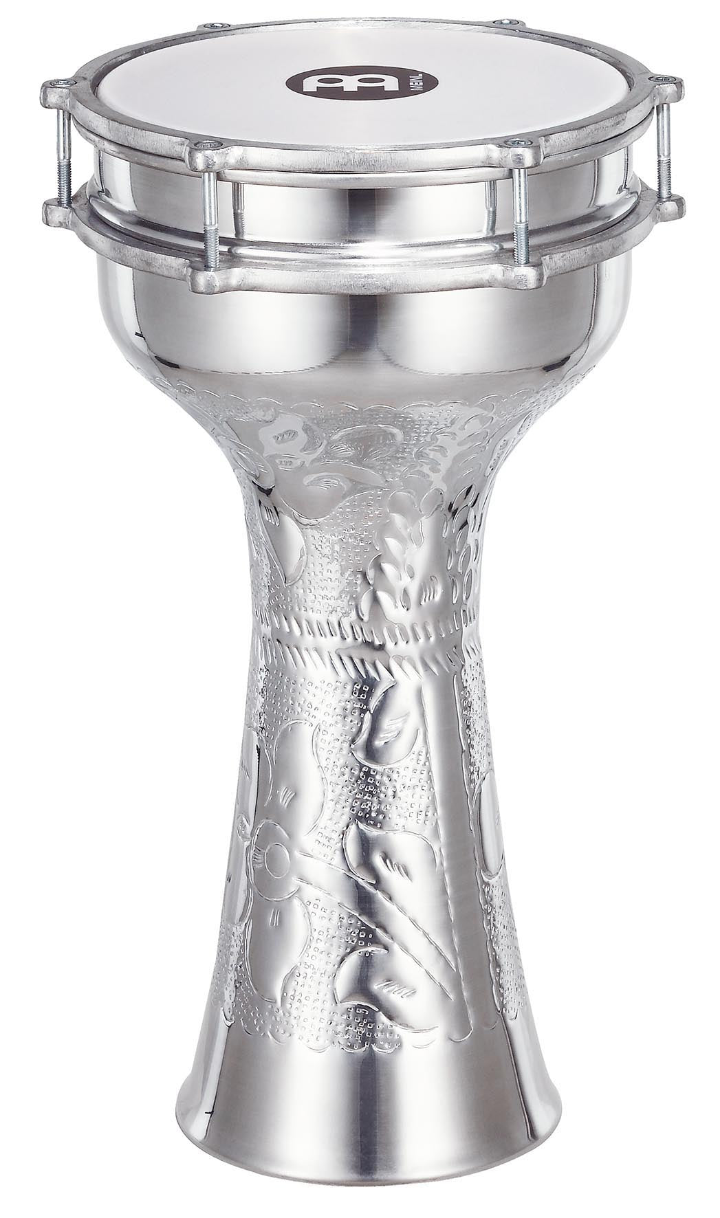 Darbuka aluminium martelé main, 21 x 40.5 cm, cymbalettes intérieures, peau synthétique, clé d'accord.