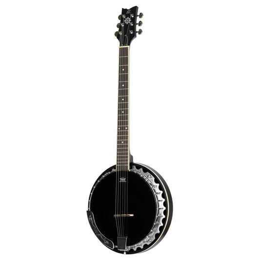 OBJ3506, banjo 6 cordes, 30 tirants, cercle aluminium, manche acajou, résonateur acajou, housse, noir satiné