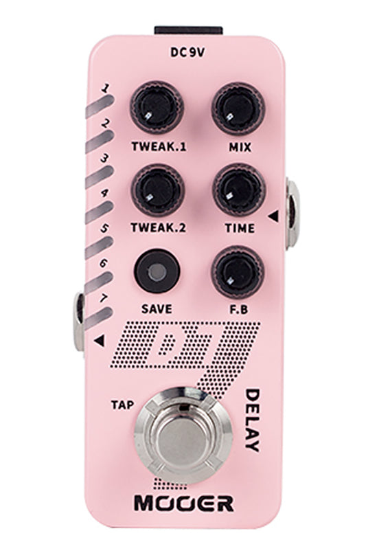 Pédale D7 DELAY, 6 types de délais personnalisables et looper 150 secondes, 6 presets utilisateurs, boîtier métal, rose