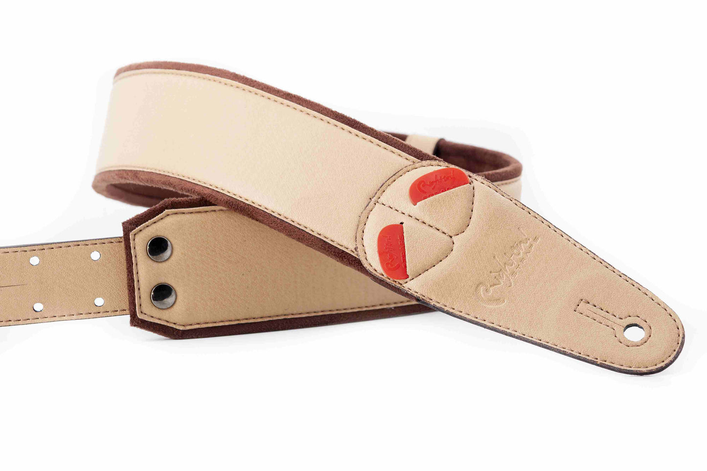 Courroie modèle CHARM, extérieur synthétique, largeur 6 cm, longueur 100 à 145 cm, porte-médiators intégré, beige