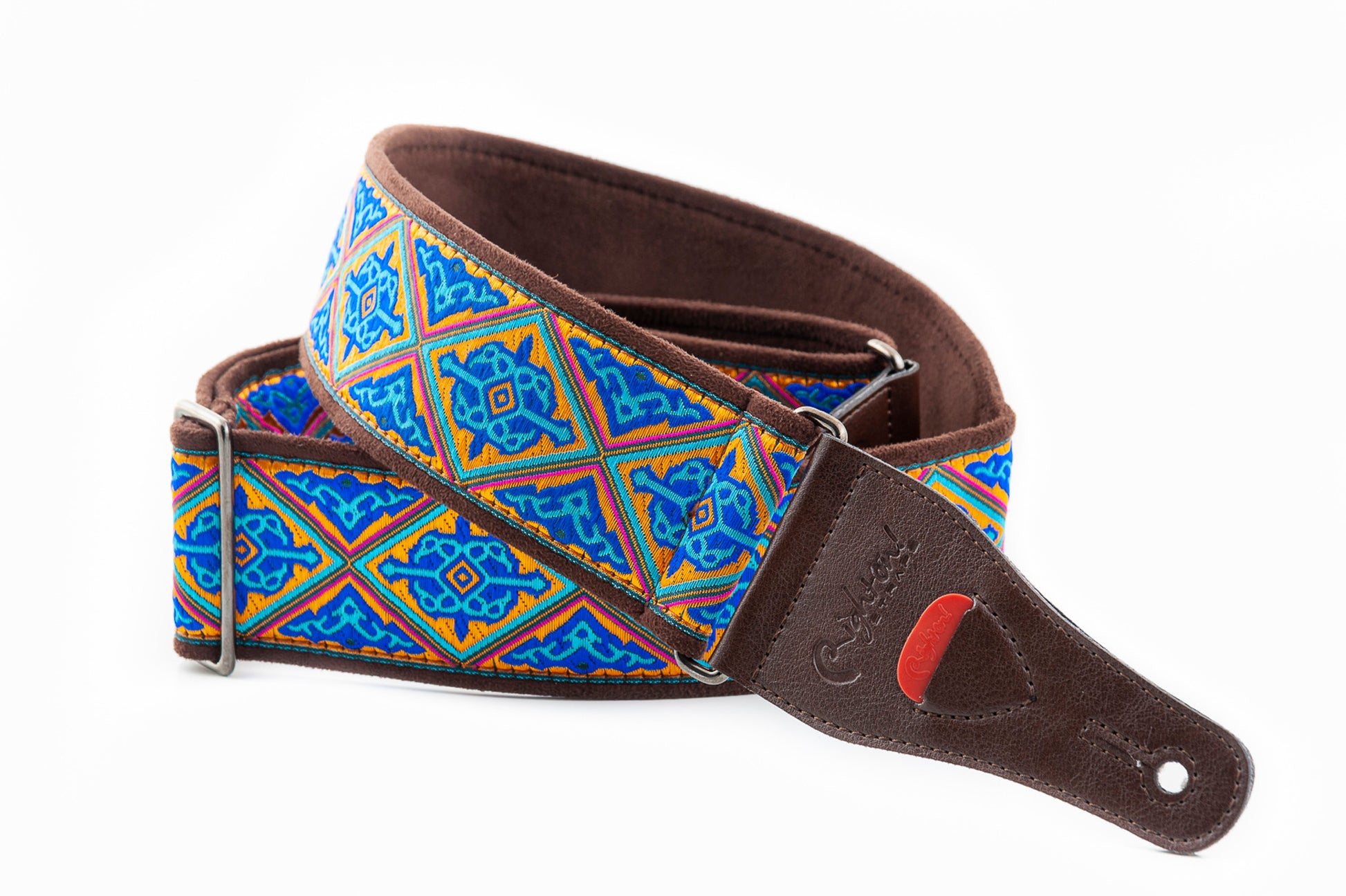 Courroie modèle HAFA, tissu Jacquard, largeur 6 cm, longueur 90 à 150 cm, porte-médiators intégré, bleu