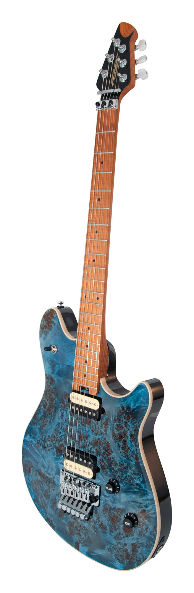 HP2 Poplar Burl, corps tilleul/érable flammé, manche érable flammé, Floyd sous licence, 2 micros Humbucker, finition Trans Blue