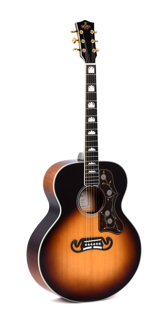 Modèle GJA-SG200, Grand Jumbo, table épicéa massif, f/e érable flammé, touche micarta, EQ Fishman, soft case, sunburst