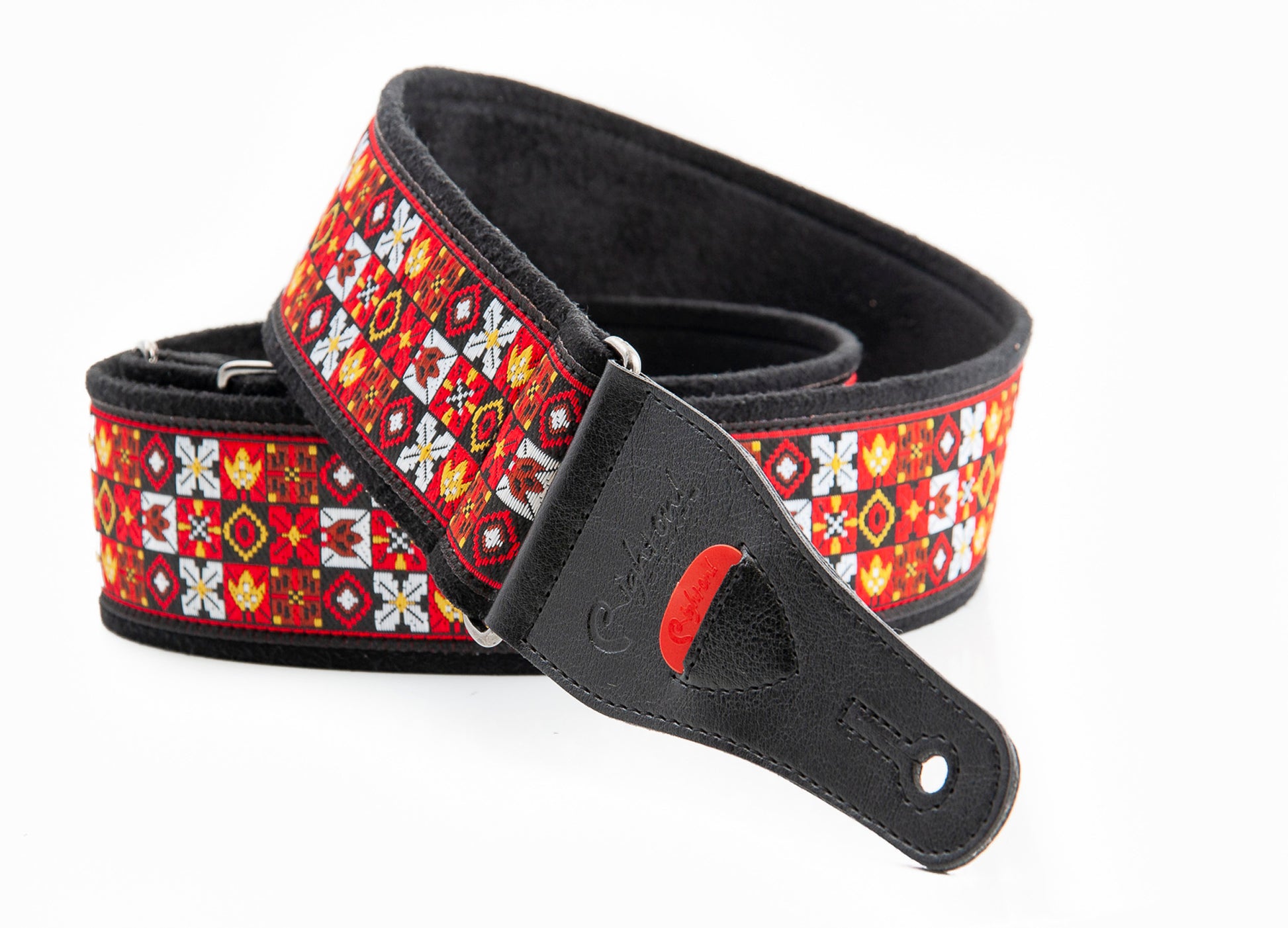 Courroie modèle LEGEND JH.II, tissu Jacquard, largeur 6 cm, longueur 90 à 150 cm, porte-médiators intégré, rouge