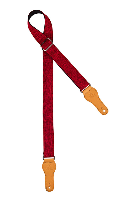 Courroie ukulélé, 100% coton, extrémités simili cuir, largeur 3.7 cm, longueur jusqu'à 139 cm, bordeaux