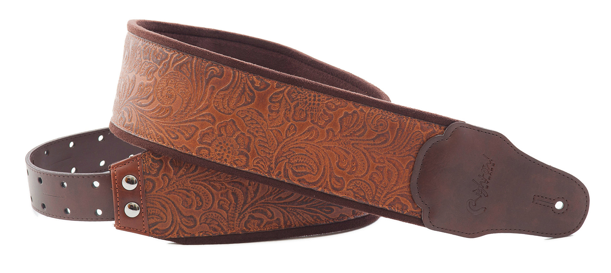 Courroie modèle B-SANDOKAN, extérieur synthétique, largeur 8 cm, longueur 98 à 153 cm, porte-médiators intégré, woody