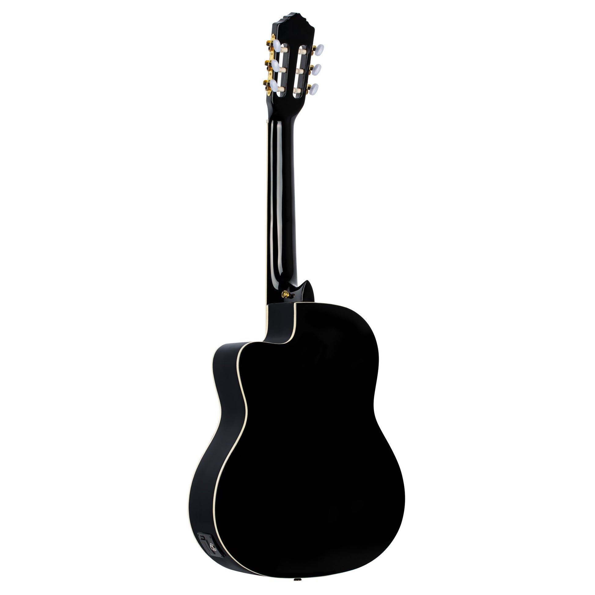 RCE141, pan coupé, EQ Ortega MagusPro, table épicéa massif, manche acajou (52 mm), noir brillant
