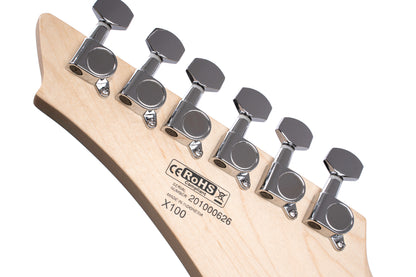 X100, corps meranti, manche érable, touche jatoba, trémolo 6 points, 2 doubles Powersound, black cherry pores ouverts