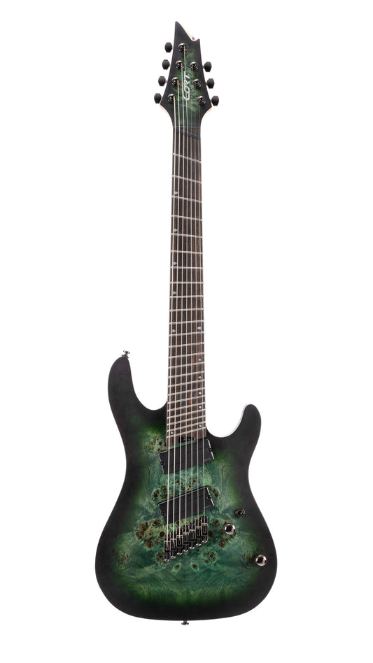 KX507MS, modèle 7 cordes, corps acajou, table peuplier figuré, touche ébène, micros Fishman Fluence, star dust green
